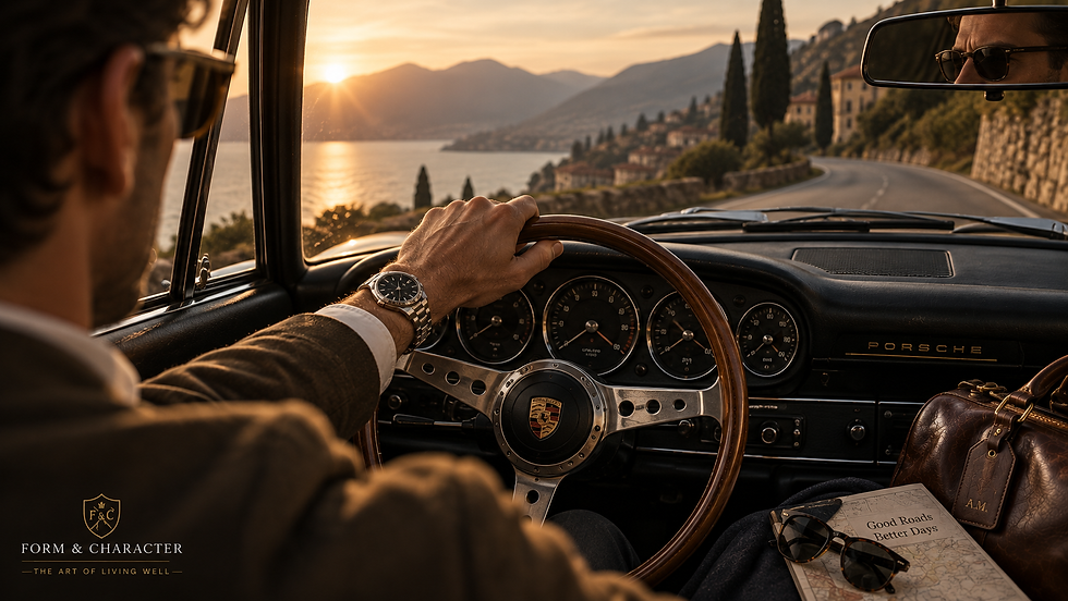 A beautiful sunset driving a classic car.