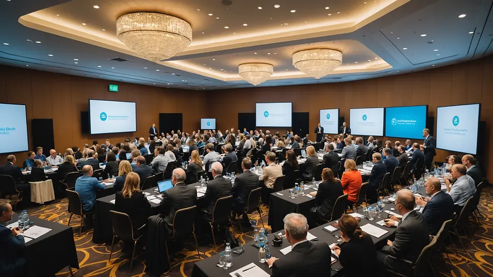 Wide angle view of a conference with people networking