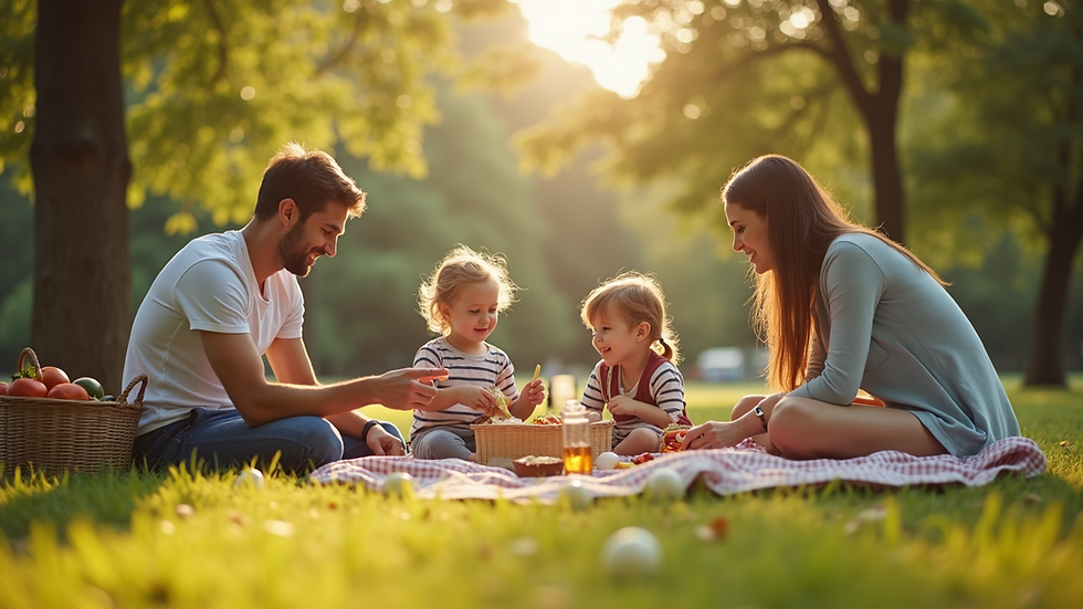 Eye-level view of a family enjoying a picnic in a park