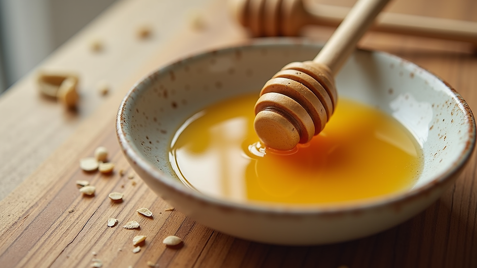 Eye-level view of a bowl with honey and natural ingredients for face mask