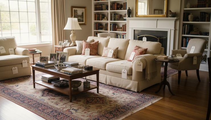 Wide-angle view of a neatly staged living room prepared for an estate sale