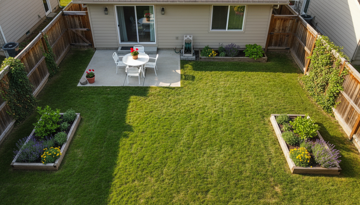 Overhead view of a backyard with trimmed grass, a patio, and simple garden beds