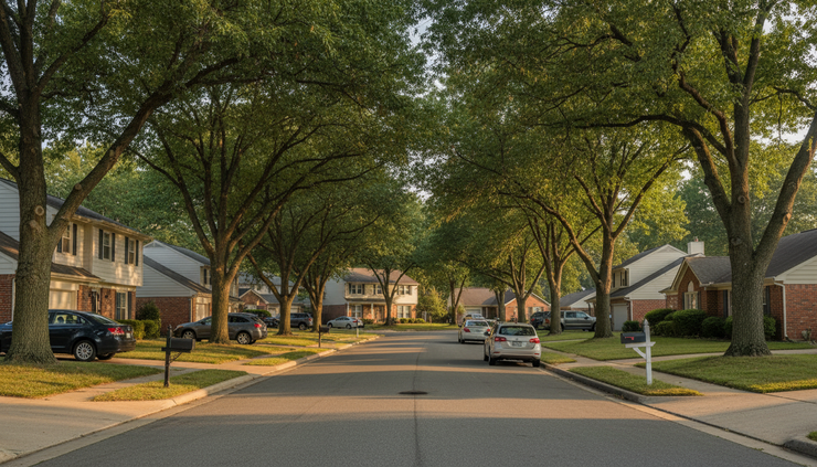 Eye-level view of a residential street with varied homes and mature trees