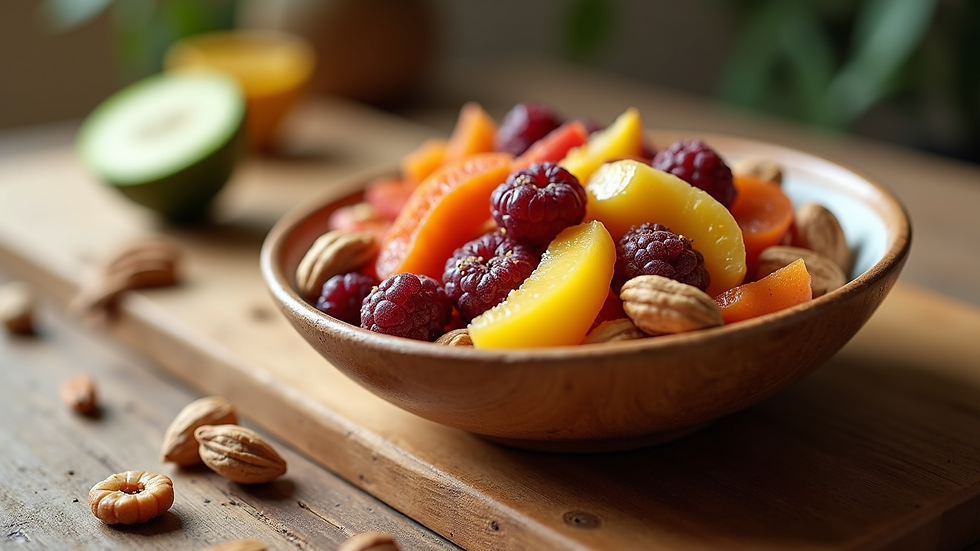 Close-up view of a healthy snack bowl with fruits and nuts on a wooden table