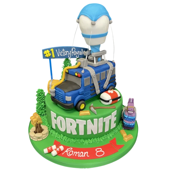 Bespoke Fortnite Battle Bus cake with vibrant blue and orange details, perfect for celebration in Solihull, West Midlands.