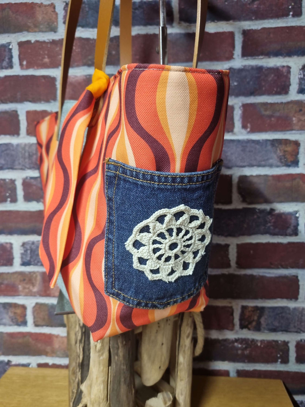 Miniature : Cabas flower power orange/marron + trousse 