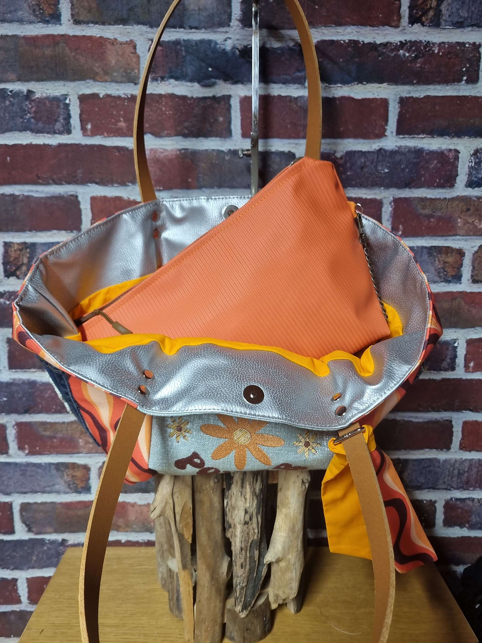 Miniature : Cabas flower power orange/marron + trousse 