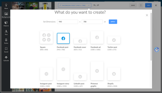 Screenshot of Mindfully Social where you can select the graphic size based on popular platform size defaults.