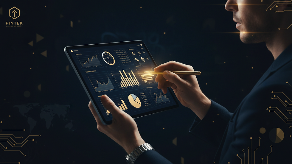 Close-up view of a financial advisor analyzing tax reports on a tablet