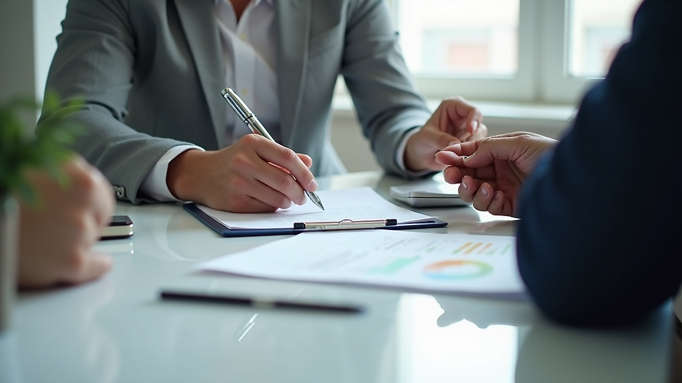 Close-up view of a financial advisor reviewing documents with a client
