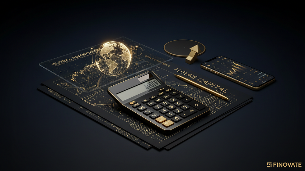 Eye-level view of a modern office desk with financial documents and a calculator