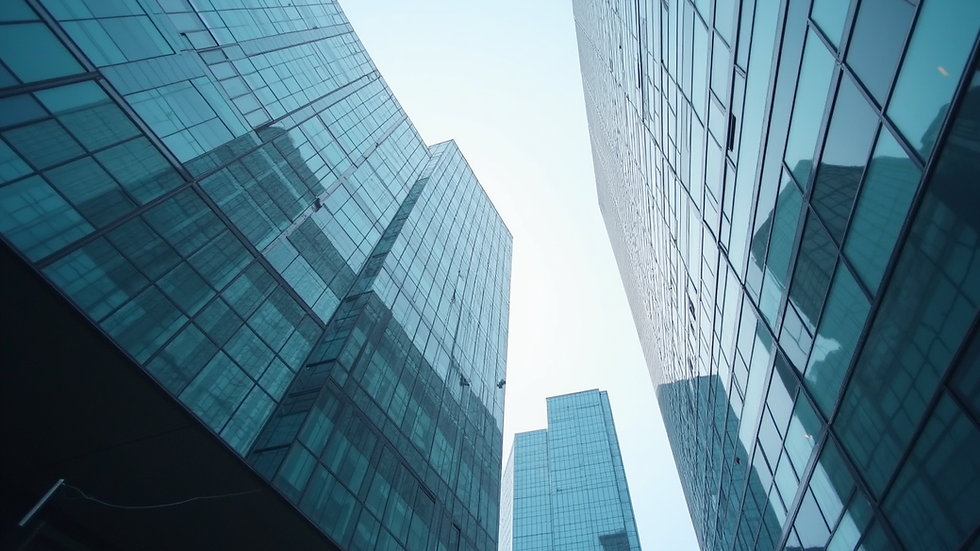 Eye-level view of a modern office building representing international business