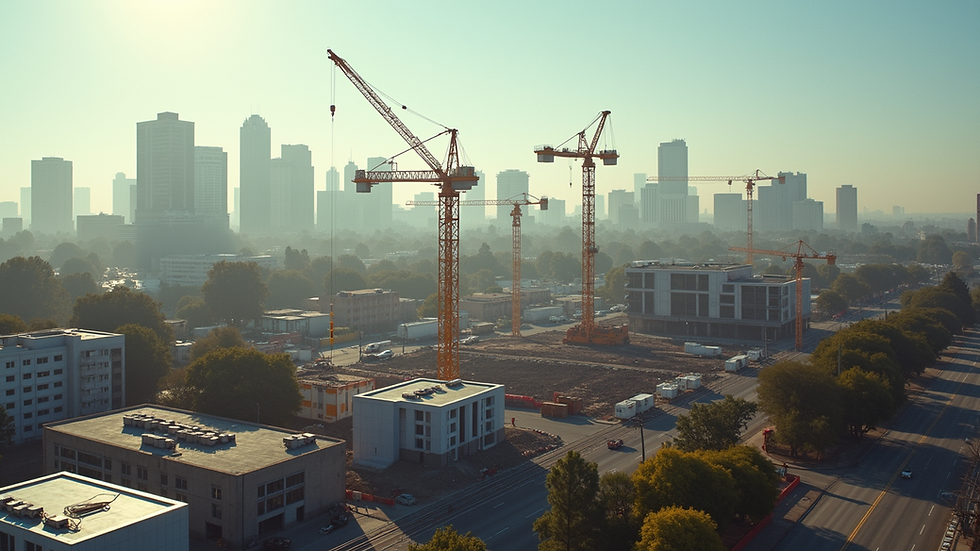 High angle view of industrial construction site in Los Angeles with cranes and new buildings