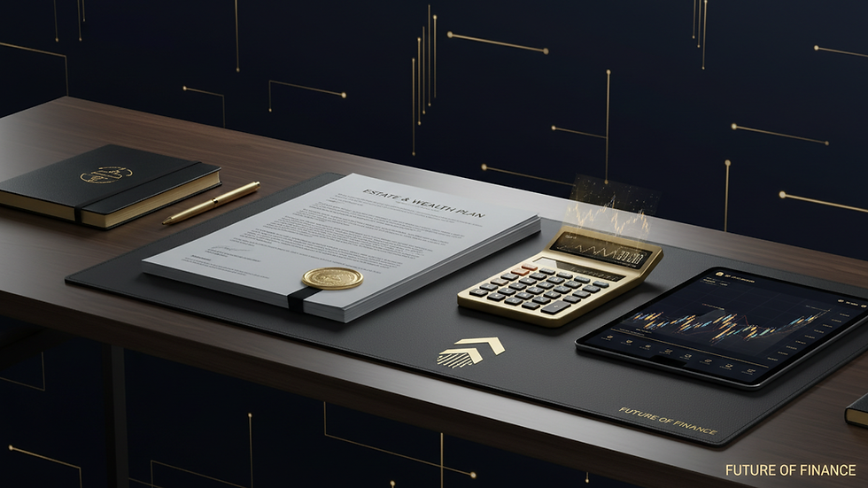 Eye-level view of a modern office desk with estate planning documents and a calculator