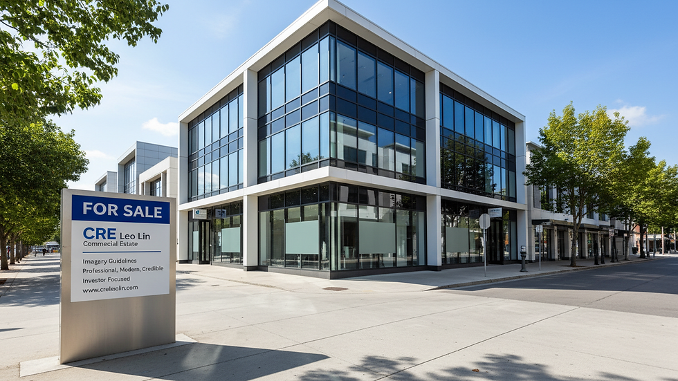 Eye-level view of a commercial building with a for sale sign