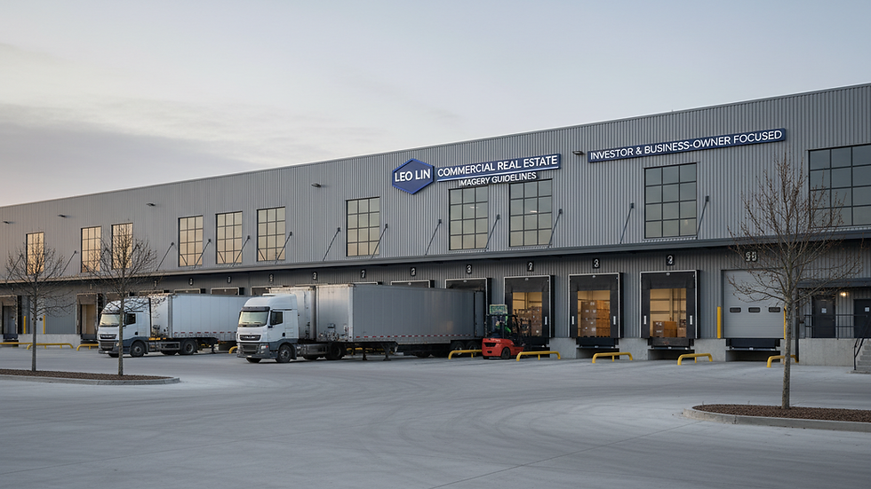 Eye-level view of a large industrial warehouse with loading docks