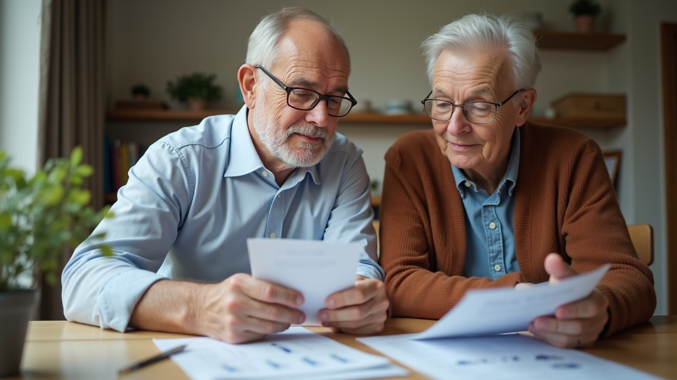 Eye-level view of a senior couple reviewing finances at home