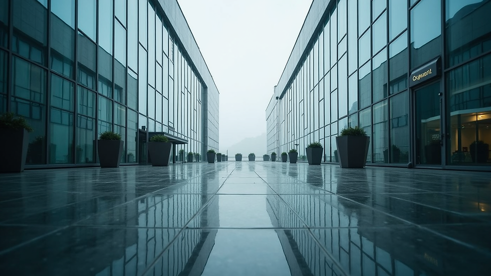 Eye-level view of a commercial office building exterior