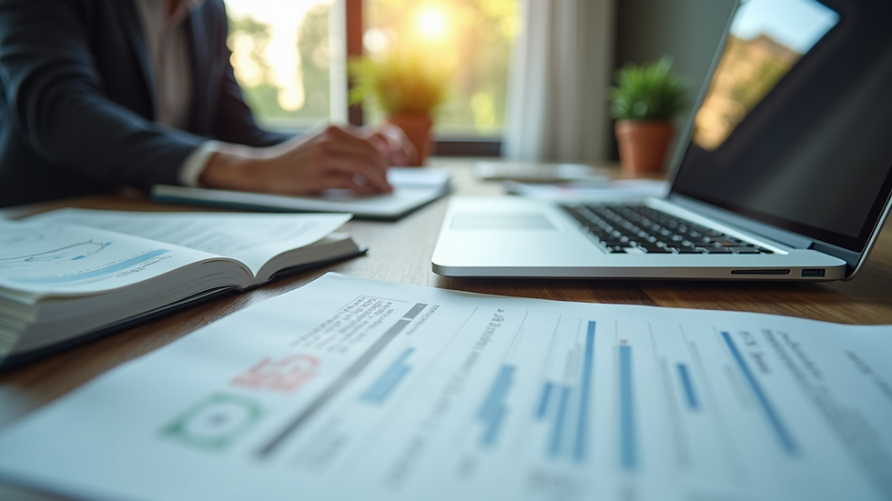 Eye-level view of a business office with financial documents and a laptop