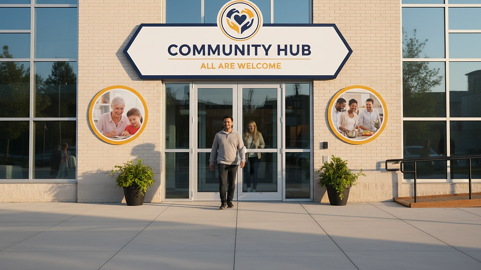 Eye-level view of a community center entrance with welcoming signage