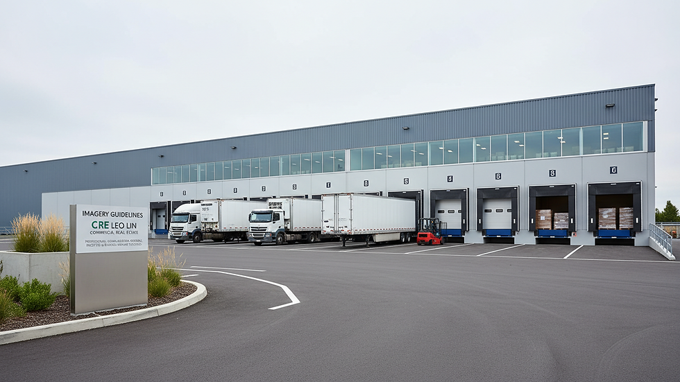 Wide angle view of an industrial warehouse with loading docks