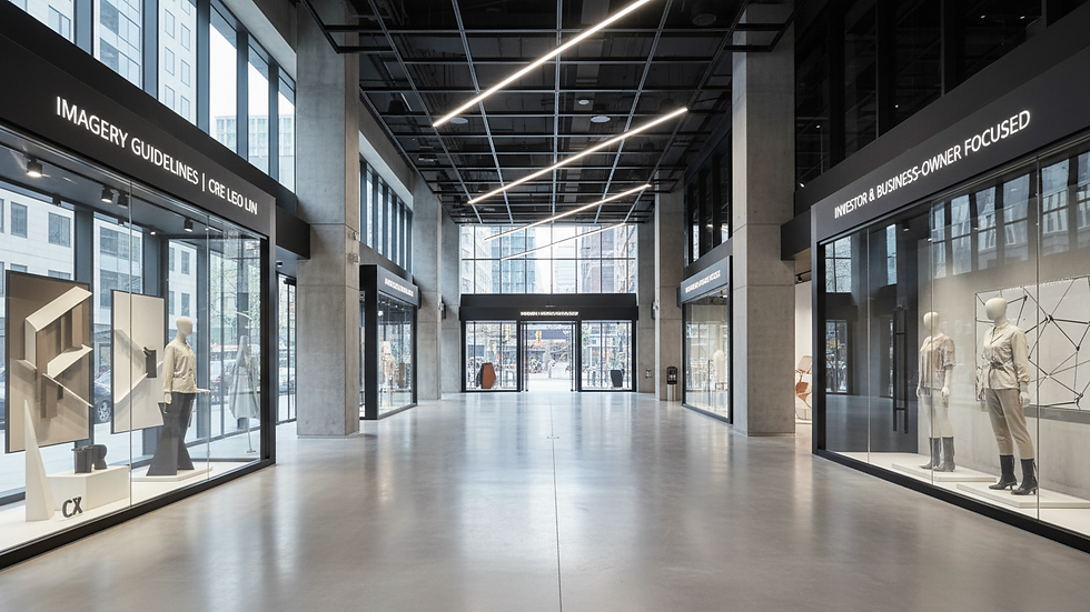 Wide angle view of commercial retail space interior with open floor plan