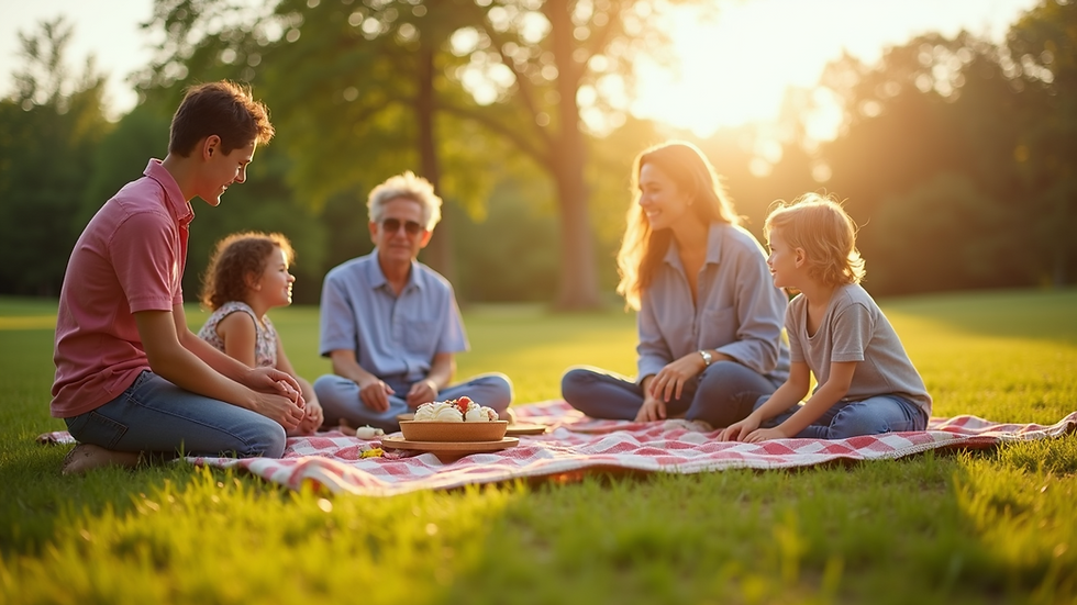 Eye-level view of a family picnic setup on a grassy field