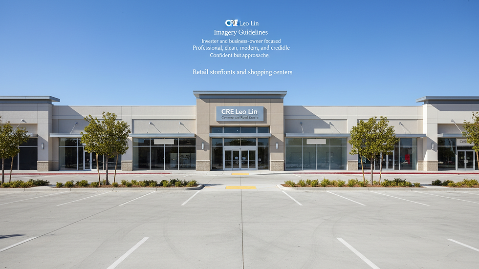 Wide angle view of a retail shopping center with multiple storefronts