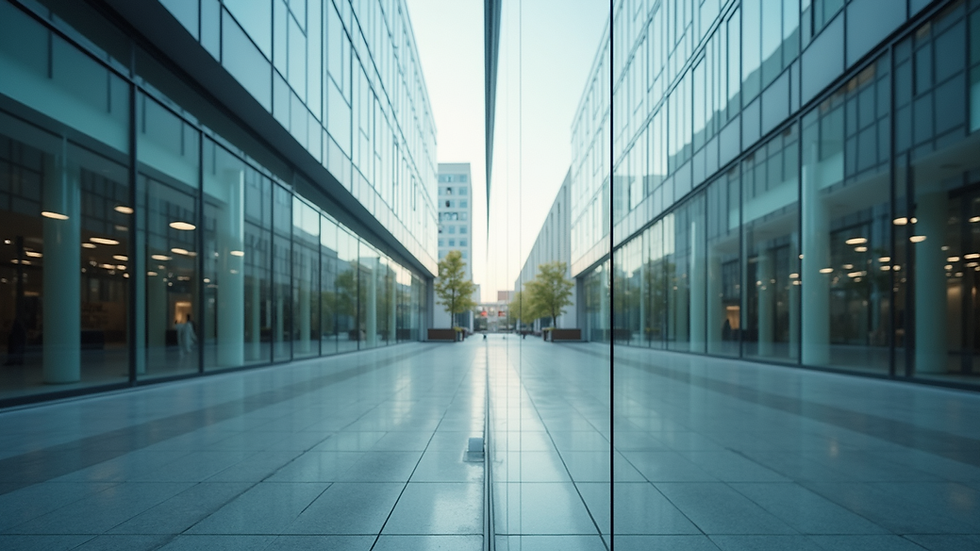 Eye-level view of a modern commercial building with clear glass windows
