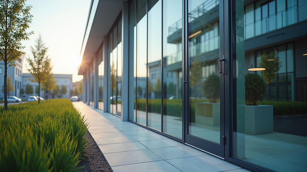 Eye-level view of a modern commercial building with large glass windows