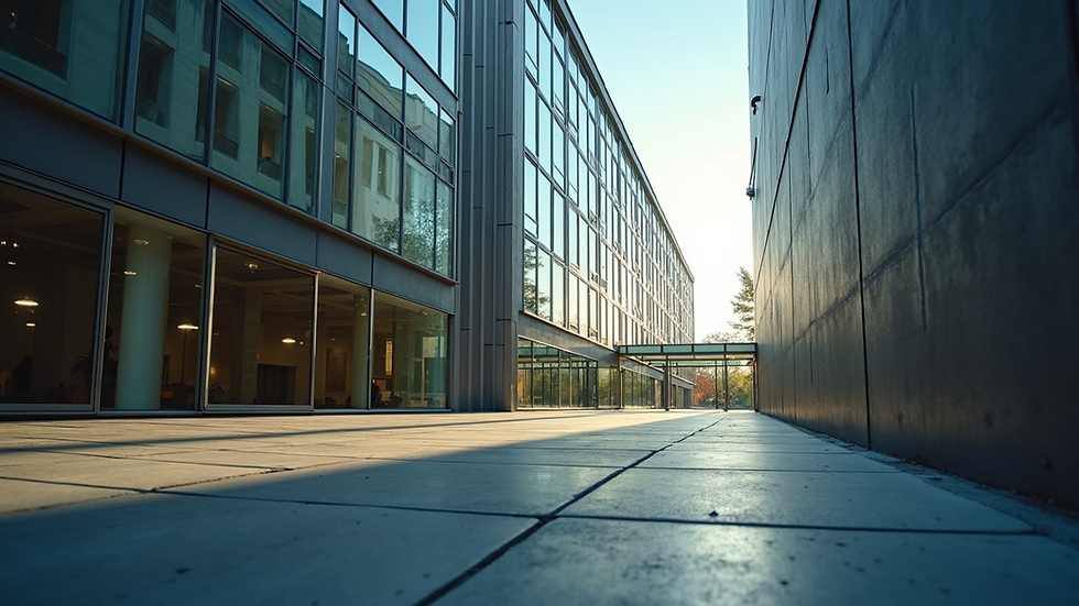 Eye-level view of a commercial office building exterior