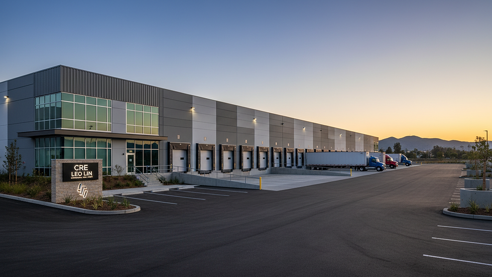 Eye-level view of commercial warehouse with loading docks in Chino Hills