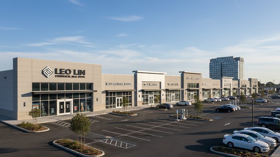 Wide angle view of shopping center parking lot with retail stores