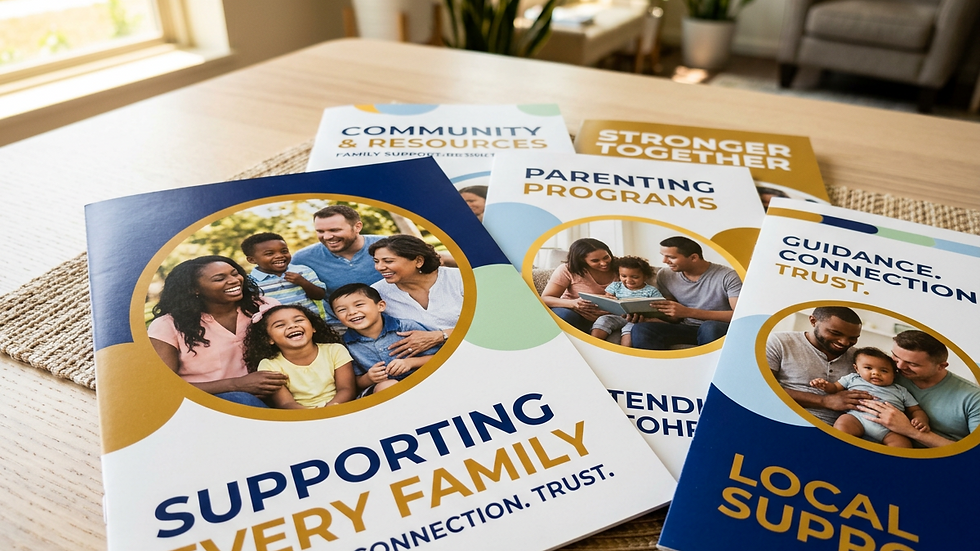 Close-up view of informational brochures about family support programs