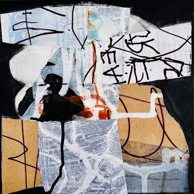 contemporary art, mixed media collage using recycled materials, expressive mark making, experimental abstracts