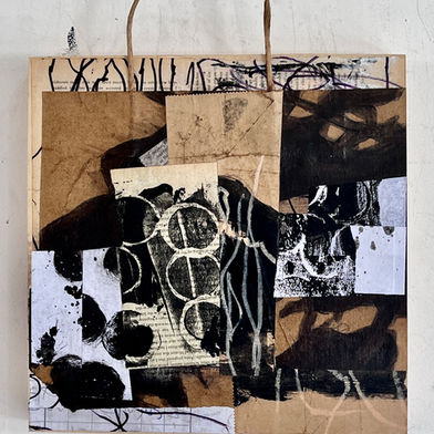contemporary art, mixed media collage using recycled materials, expressive mark making, experimental abstracts 