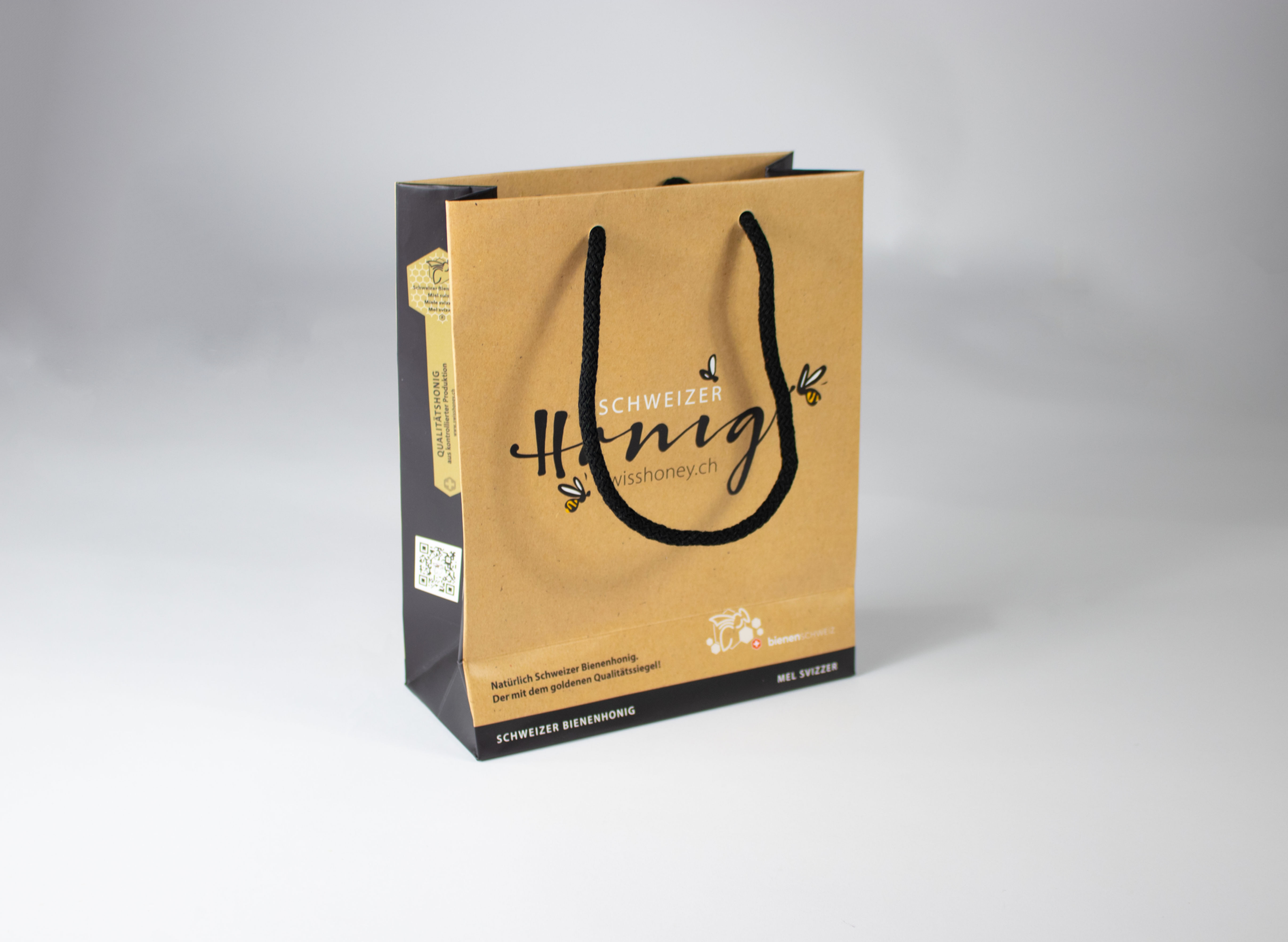 Honigtragtasche mit Kordel BienenSchweiz Logo natur/schwarz