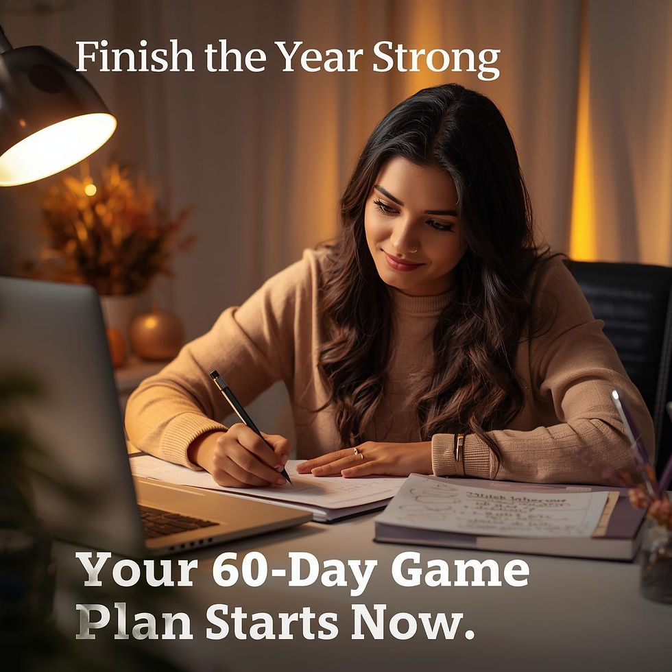 A small business owner sets ambitious goals in a warm, inviting workspace, ready to "Finish the Year Strong" with a focused 60-day plan.