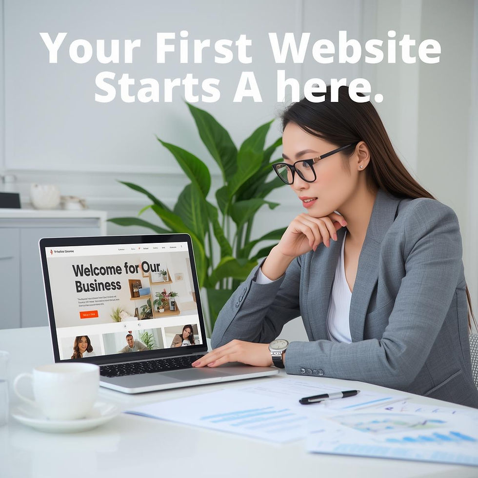 Confident entrepreneur reviews a new website in a modern office, ready to launch her business online.