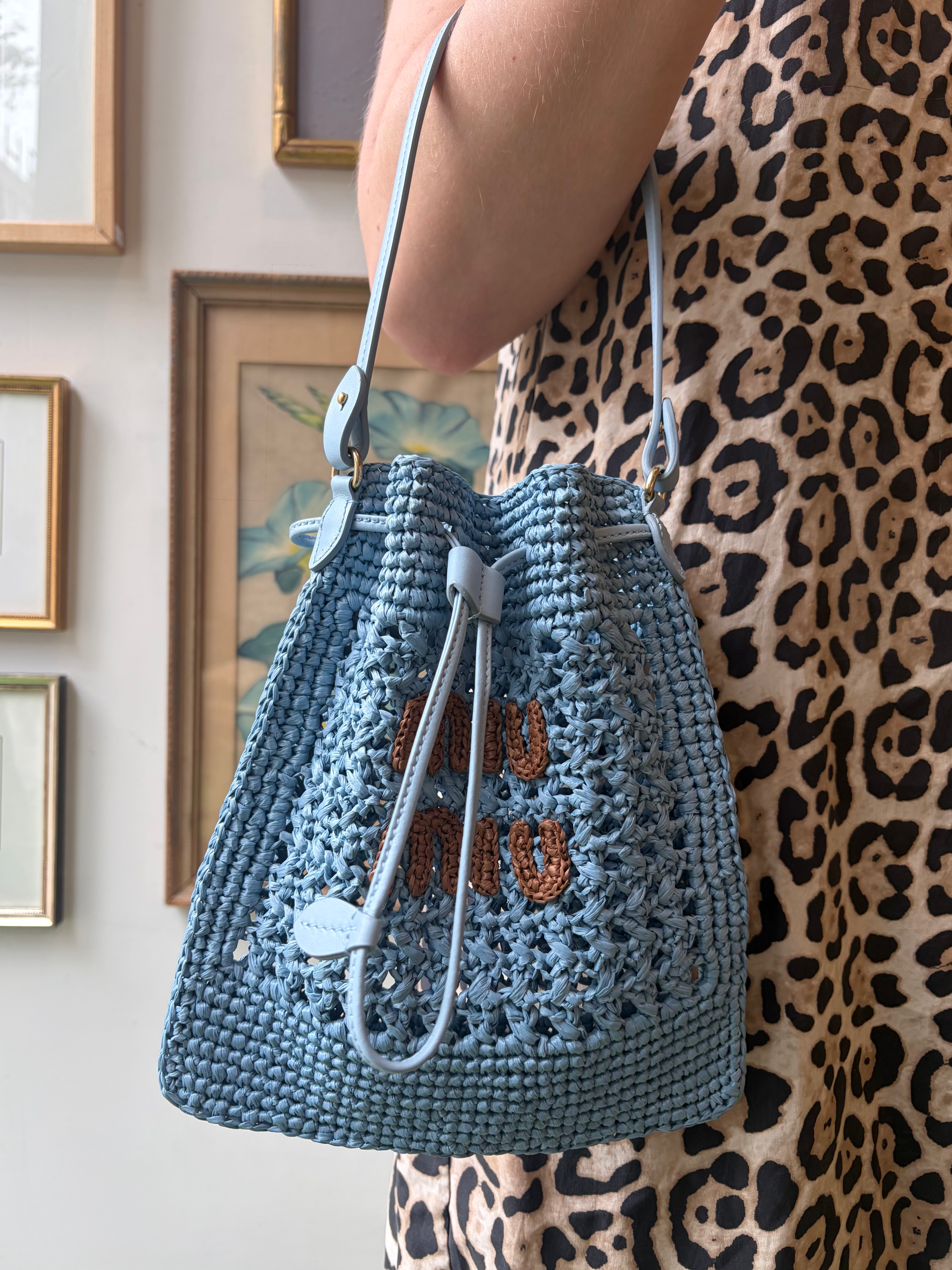 Amy Sedaris Miu Miu Raffia Bag with Drawstring Closure and Gold Tone Hardware