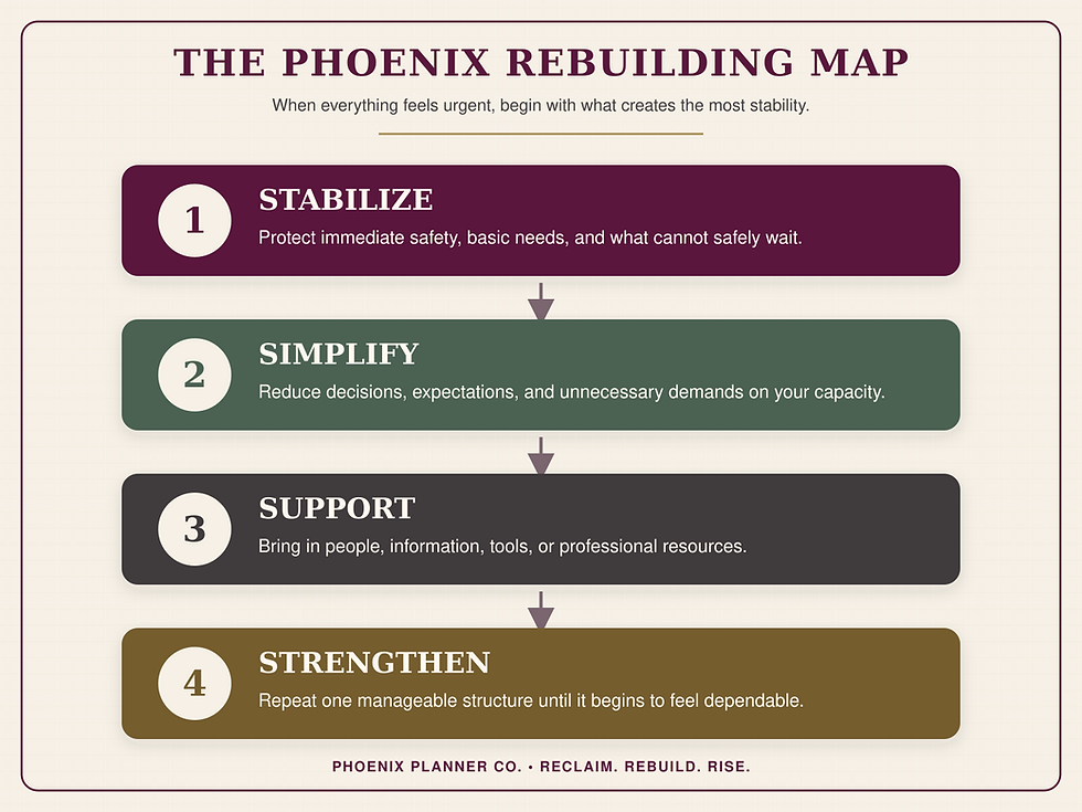 The Phoenix Rebuilding Map: Stabilize, Simplify, Support, and Strengthen.