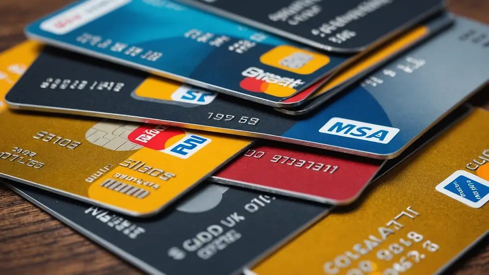 Eye-level view of various credit cards stacked on top of one another