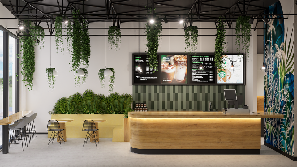 Modern cafe interior with wooden counter and plants