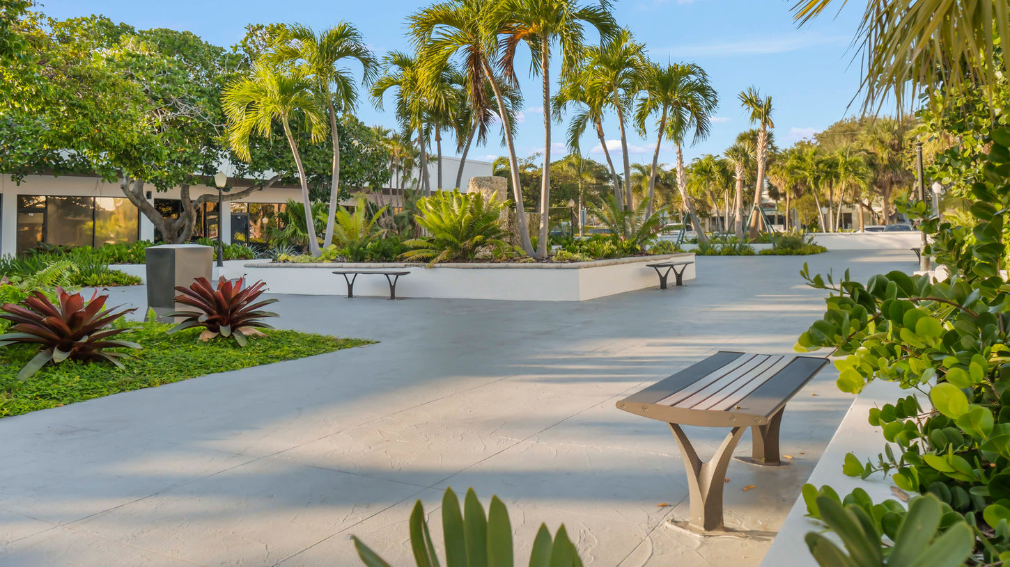Outdoor plaza with palm trees, benches, and lush landscaping.