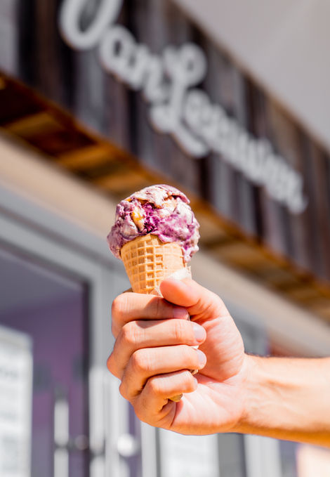 Hand holding a Van Leeuwen ice cream cone