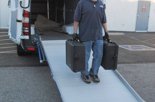 WM System Swivel Loading Ramp in a high-roof Mercedes Sprinter ideal for lighting and production companies