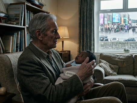 An elderly man cradling a baby