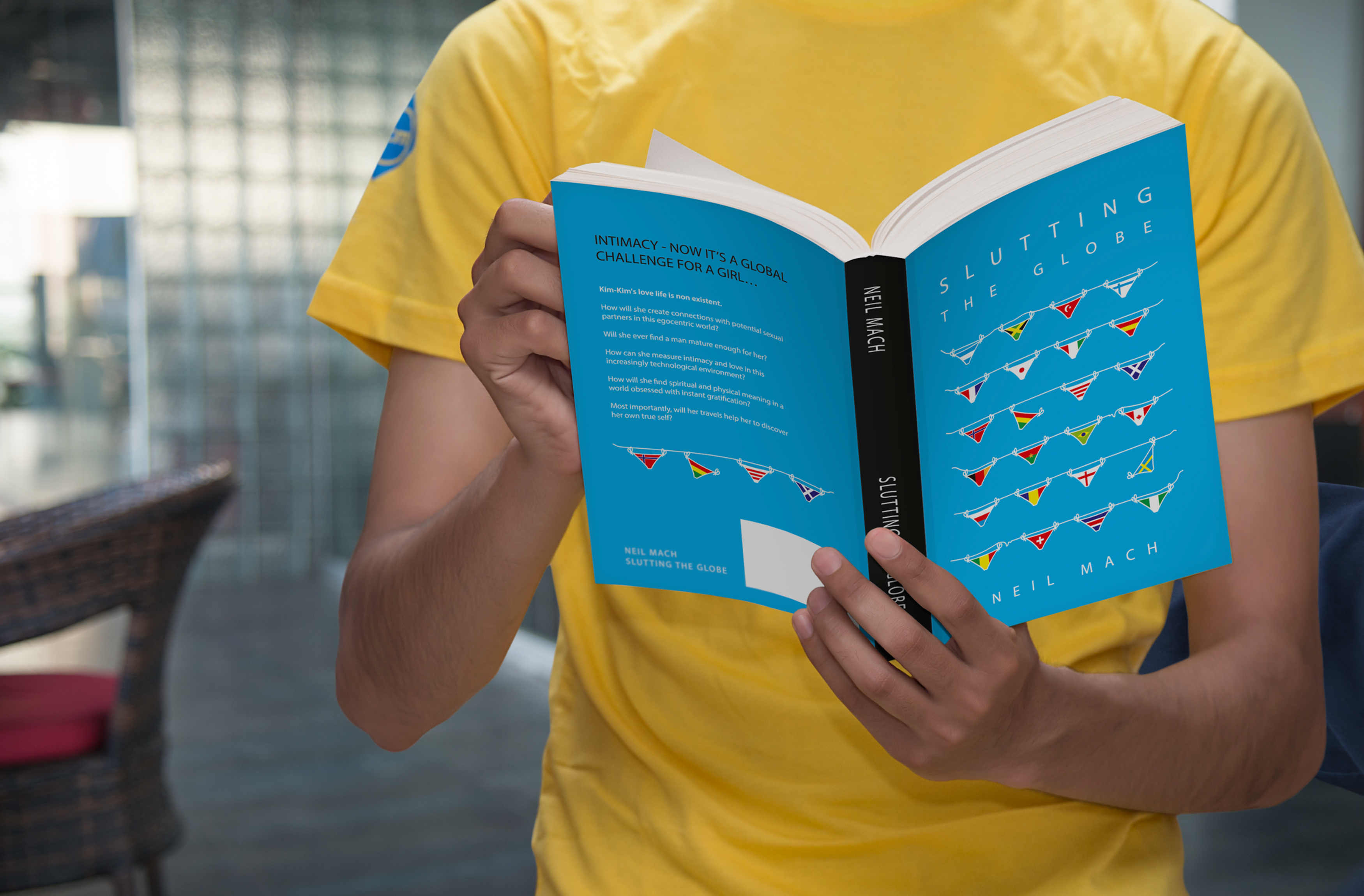 Slutting the Globe cover art blue book cover on yellow shirt background