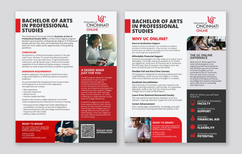 Printed flyer for the Bachelor of Arts in Professional Studies program at the University of Cincinnati. The flyer is red, gray and white and features images and information on the program.