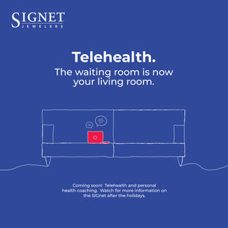 A social media graphic with a blue background and an illustration of a couch with a laptop on it. The graphic tells Signet team members about their options for telehealth.